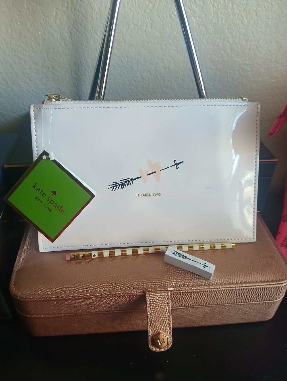 kate spade White Patent Arrow Zip Pouch with Blush Accent